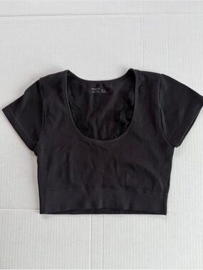 Aerie Black Ribbed Scoop Crop Top with Lace Inset